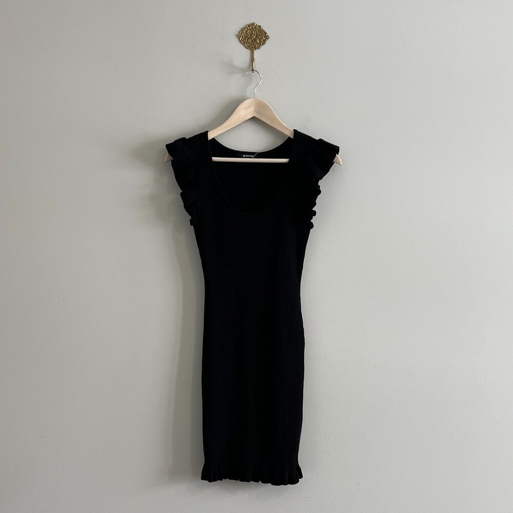 NWT The Workshop Black Ribbed Ruffle Trim Mini Dress Size Large
